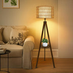 Boho Tripod Floor Lamp with Shelves, Mid Century Wood Standing Lamp