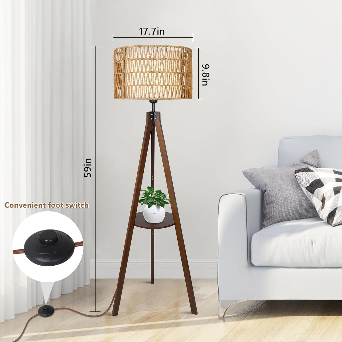 Boho Tripod Floor Lamp with Shelves, Mid Century Wood Standing Lamp