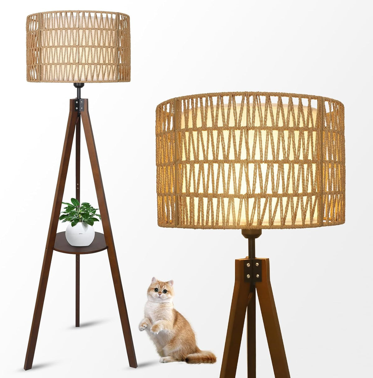 Boho Tripod Floor Lamp with Shelves, Mid Century Wood Standing Lamp
