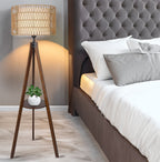 Boho Tripod Floor Lamp with Shelves, Mid Century Wood Standing Lamp