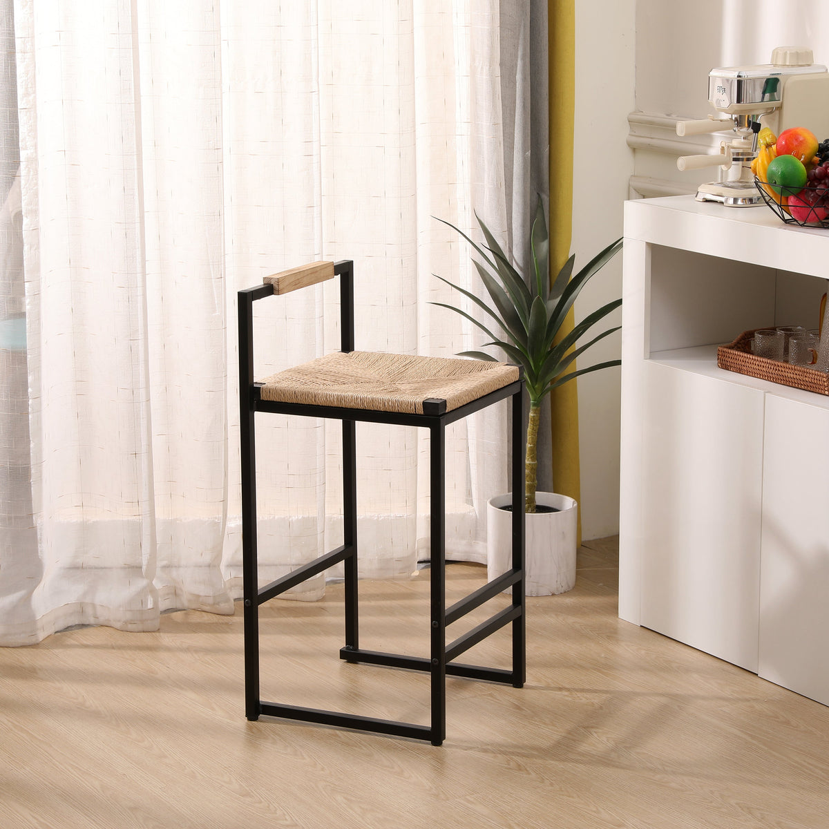 Set of 2 Bar Stools with Back Paper Rope Woven Counter Height