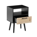 15.75" Rattan End table with drawer and solid wood legs Modern nightstand