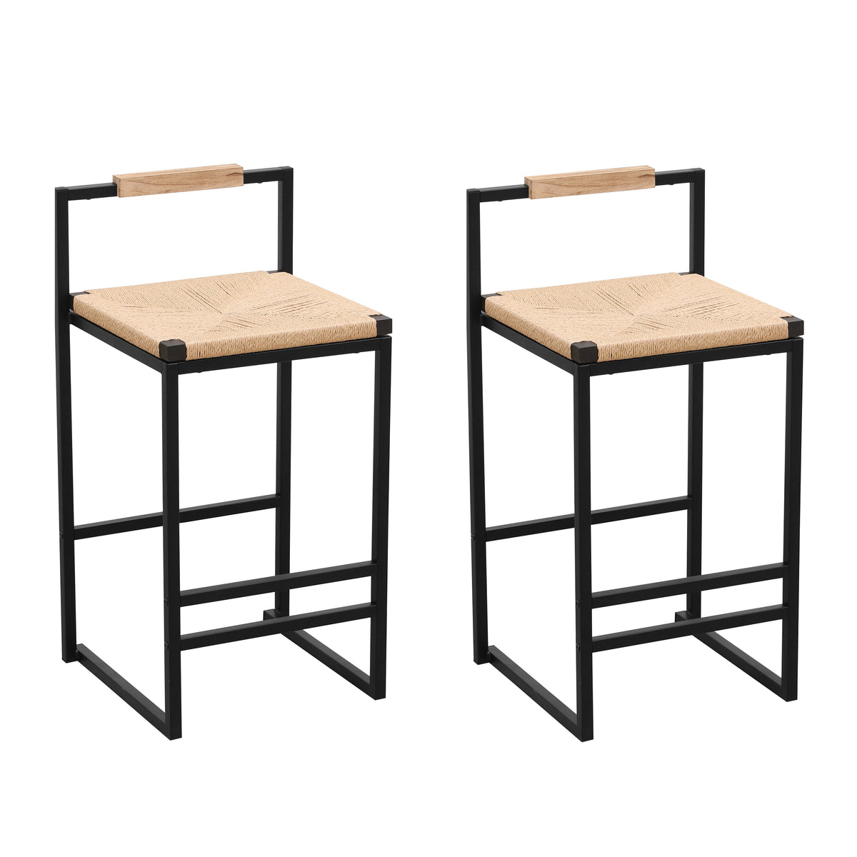 Set of 2 Bar Stools with Back Paper Rope Woven Counter Height