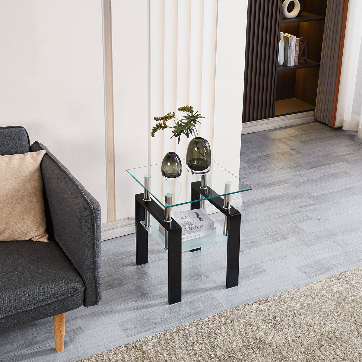 Tempered Transparent Glass End Table 2-Layers Small Table