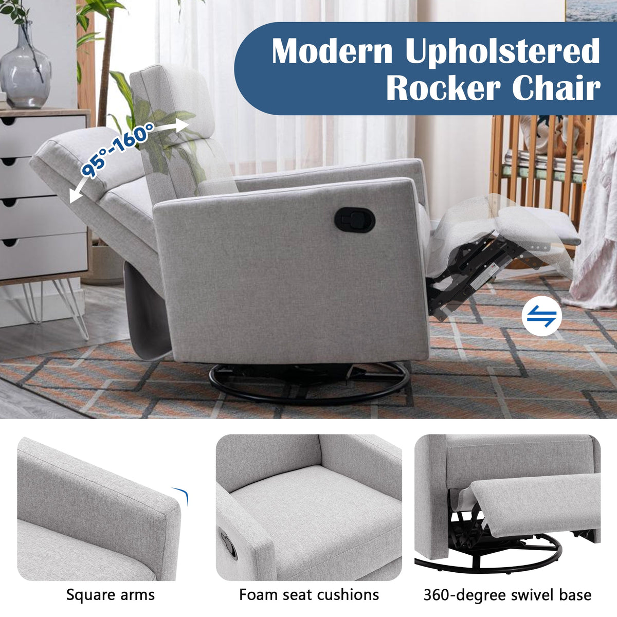 Modern Upholstered Rocker Nursery Chair Plush Seating Glider Swivel Recliner