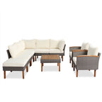 9-piece Patio rattan furniture set with Acacia wooden legs and tabletop sofa set