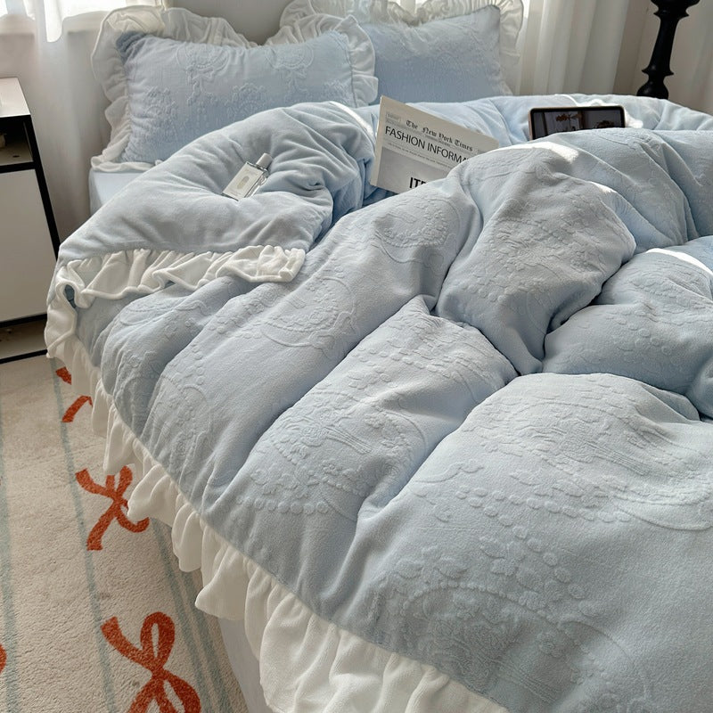 A-class ins princess style milk velvet four piece set lace carved velvet warm cover winter bedding