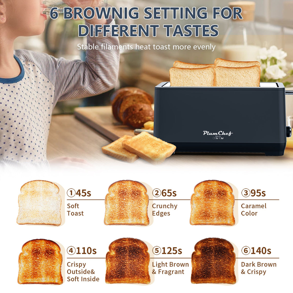 4-Slice Extra Wide Long Slot Toaster with 6 Browning Settings - Stainless Steel