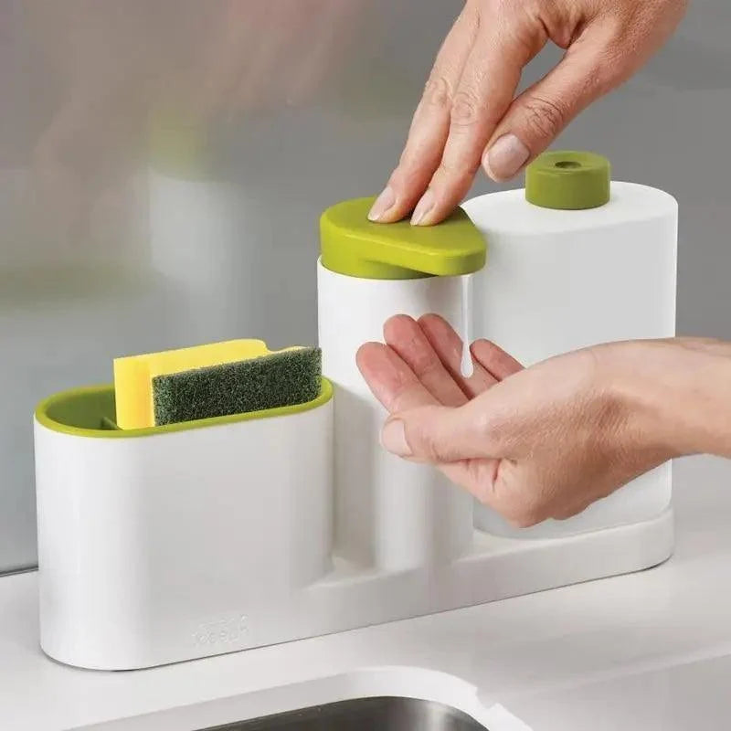 White Smart Kitchen Soap Dispenser Bathroom Accessories Liquid Soap Dispenser Simple Storage Box With Tank 3 IN 1 Cleaning Sponge Brush Holder Soap Pump Kitchen Gadgets